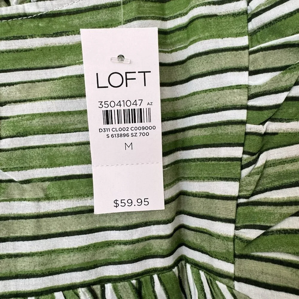 LOFT NWT Green White Striped Shirt Blouse Size Medium Ruffle Sleeves - Picture 5 of 9